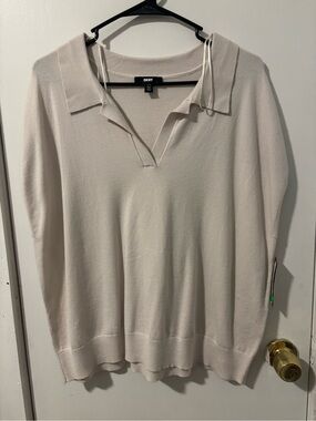 DKNY Soft Cream Polo Collar Knit Top